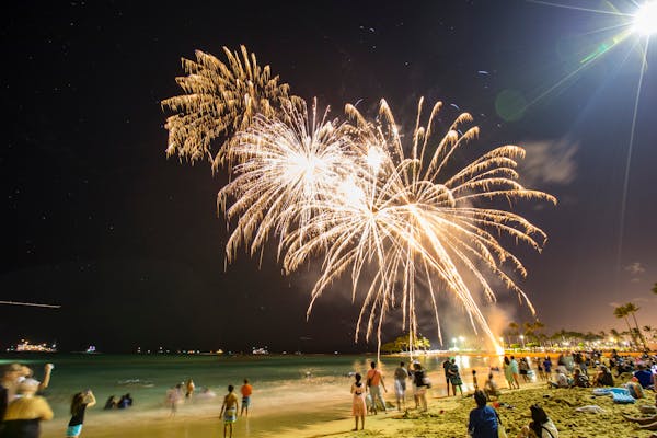 Colorful fireworks light up the night sky over a crowded beach, creating a festive atmosphere.