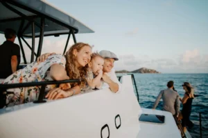 Family and friends relaxing and enjoying the cruise and views in the Virgin Islands