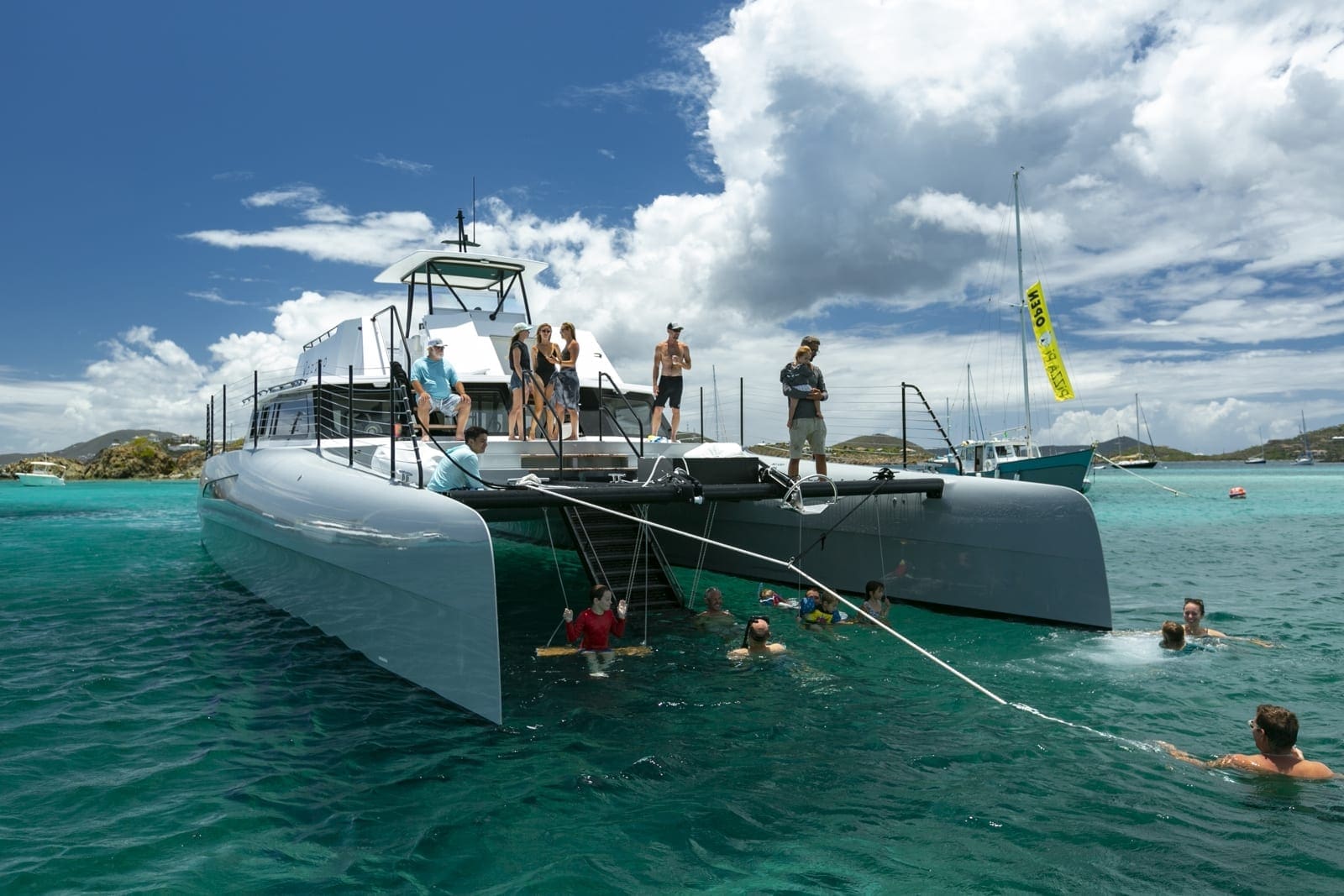 Voodoo catamaran anchored for snorkeling in Christmas Cove, USVI